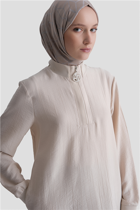 Fermuarlı Uzun Tunik Bej