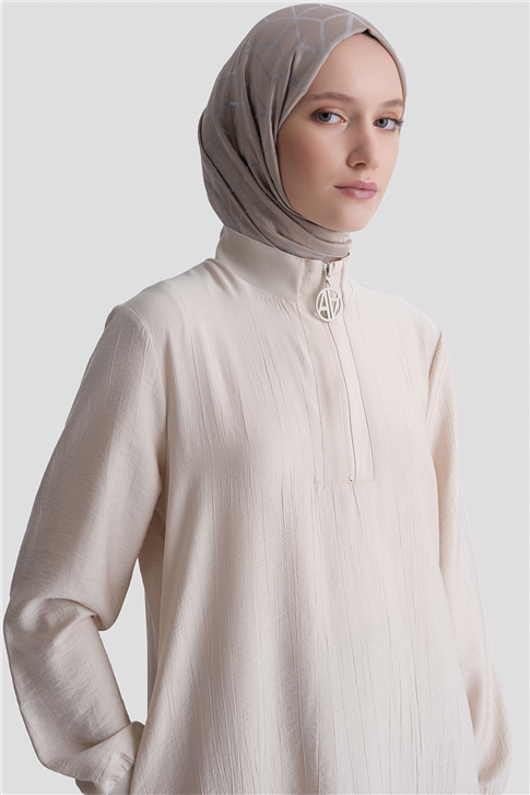 Fermuarlı Uzun Tunik Bej