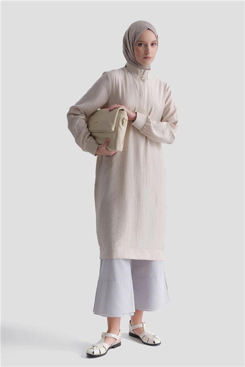 Fermuarlı Uzun Tunik Bej