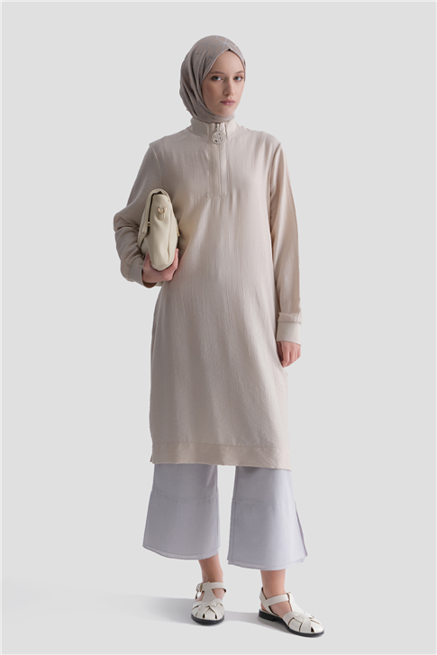 Fermuarlı Uzun Tunik Bej