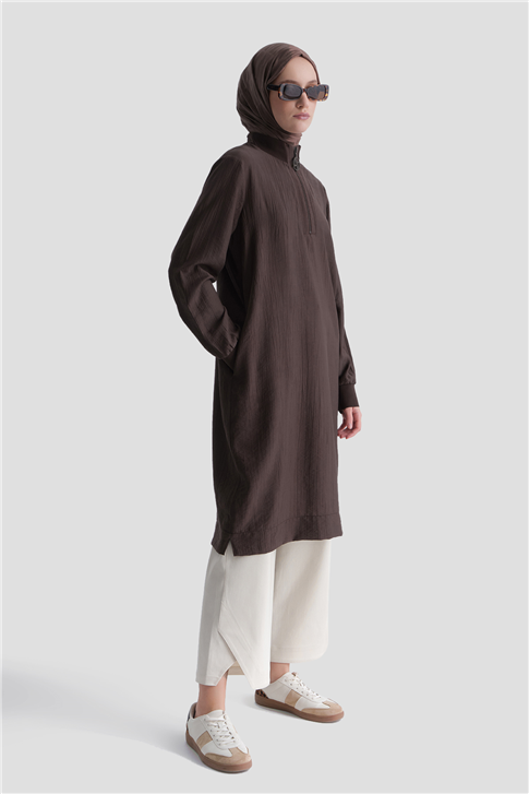Fermuarlı Uzun Tunik Kahverengi
