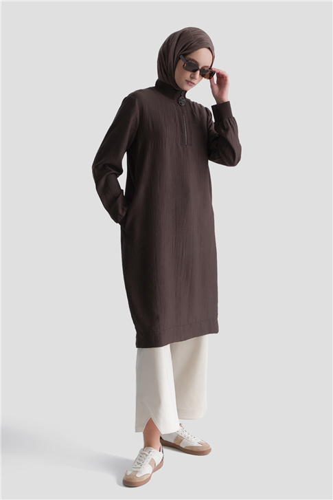 Fermuarlı Uzun Tunik Kahverengi