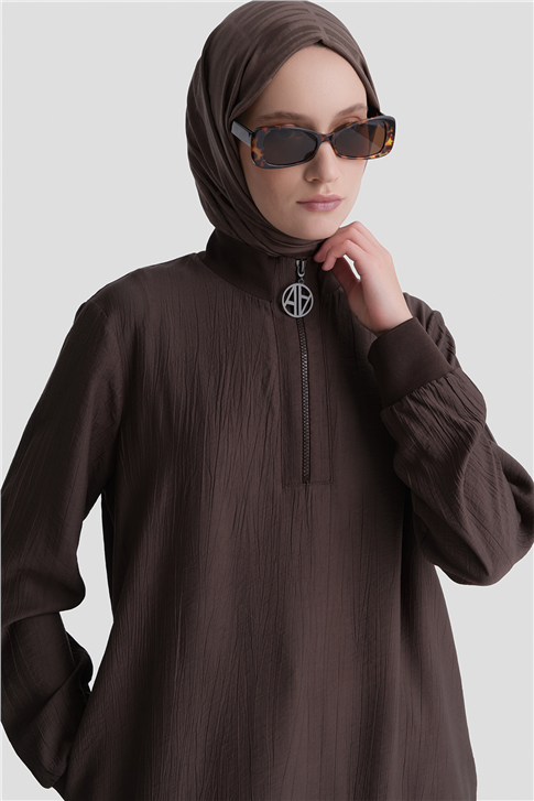 Fermuarlı Uzun Tunik Kahverengi