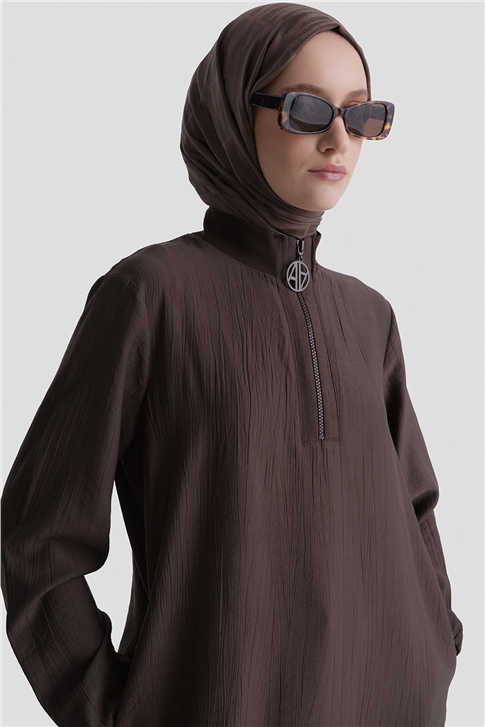 Fermuarlı Uzun Tunik Kahverengi