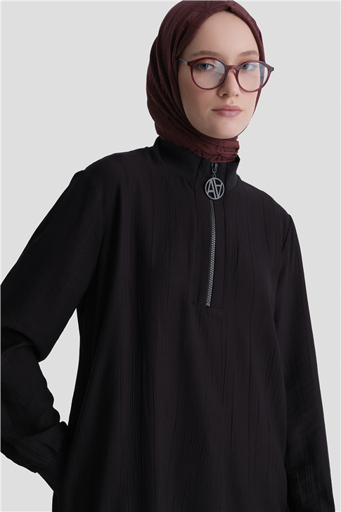 Fermuarlı Uzun Tunik Siyah
