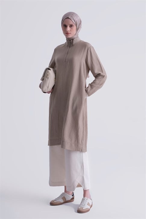 Fermuarlı Uzun Tunik Vizon