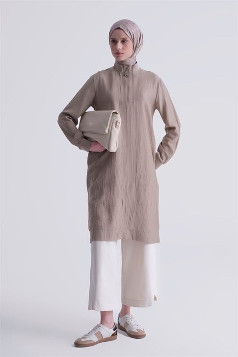 Fermuarlı Uzun Tunik Vizon