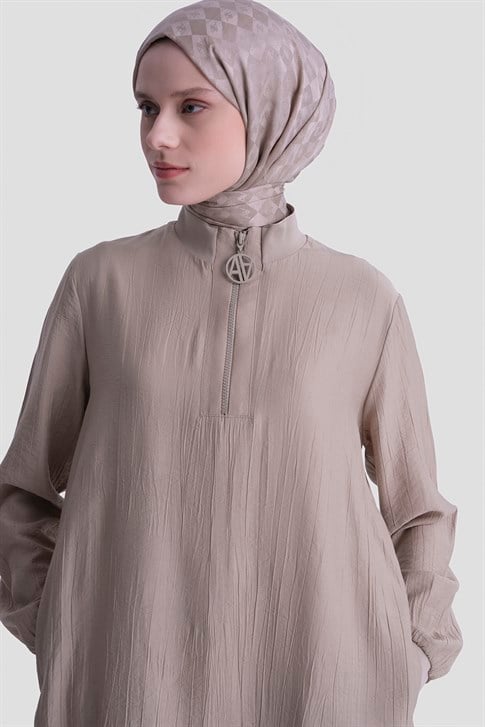 Fermuarlı Uzun Tunik Vizon