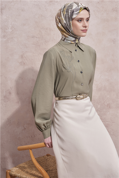 Nakışlı Modal Karışımlı Tunik Haki