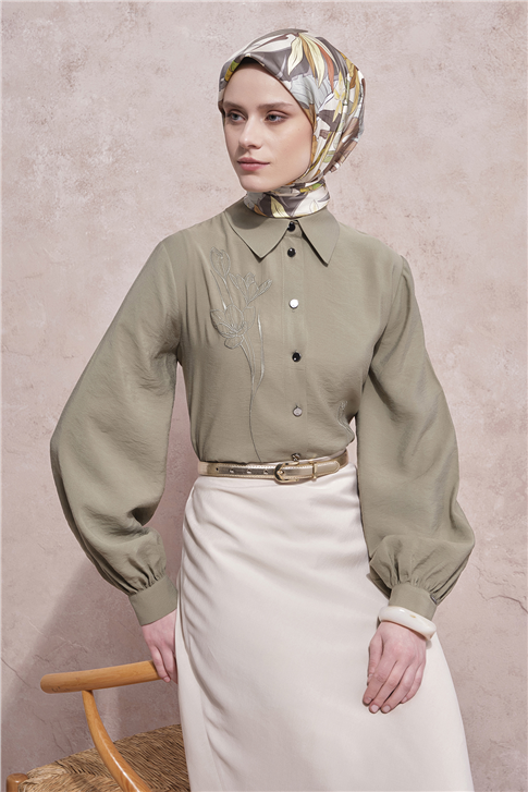 Nakışlı Modal Karışımlı Tunik Haki