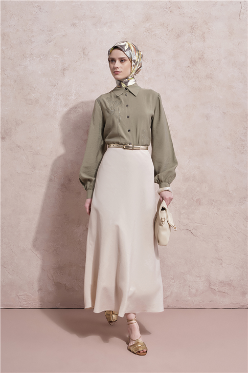 Nakışlı Modal Karışımlı Tunik Haki