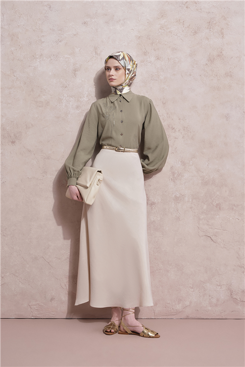 Nakışlı Modal Karışımlı Tunik Haki