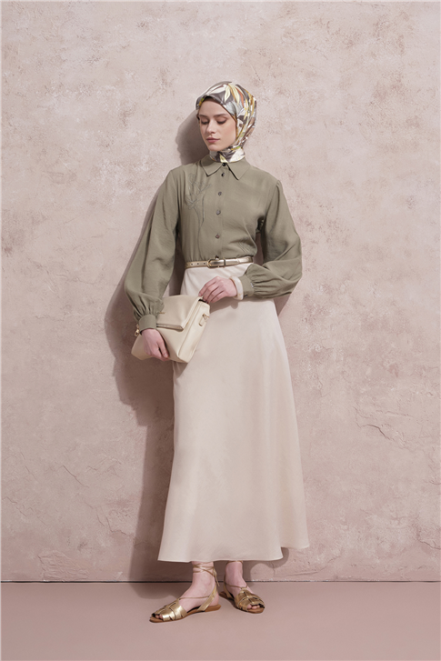 Nakışlı Modal Karışımlı Tunik Haki