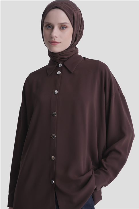 Metal Düğmeli Oversize Tunik Acı kahve