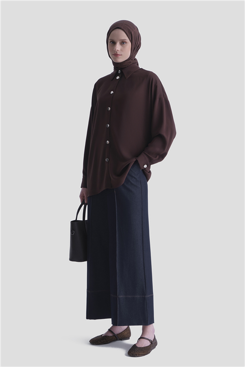 Metal Düğmeli Oversize Tunik Acı kahve