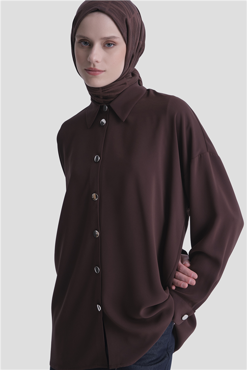 Metal Düğmeli Oversize Tunik Acı kahve