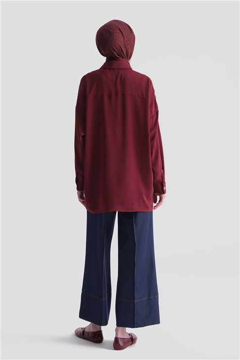 Metal Düğmeli Oversize Tunik Bordo