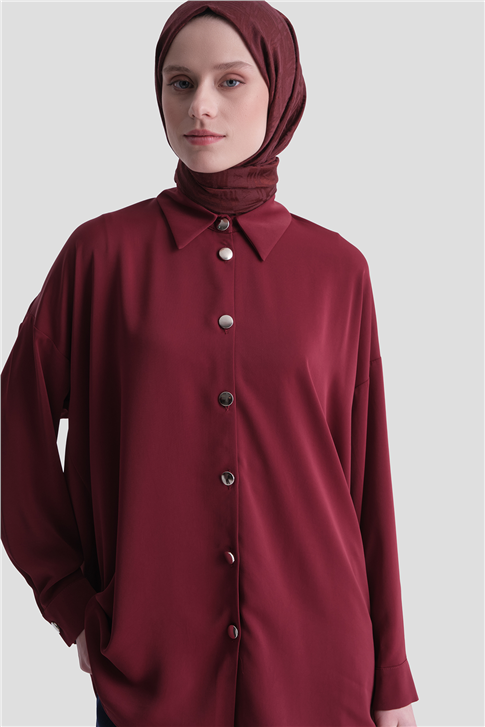 Metal Düğmeli Oversize Tunik Bordo