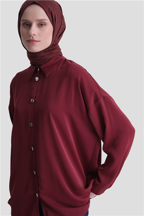 Metal Düğmeli Oversize Tunik Bordo