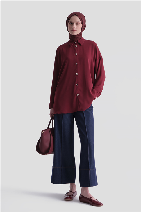 Metal Düğmeli Oversize Tunik Bordo