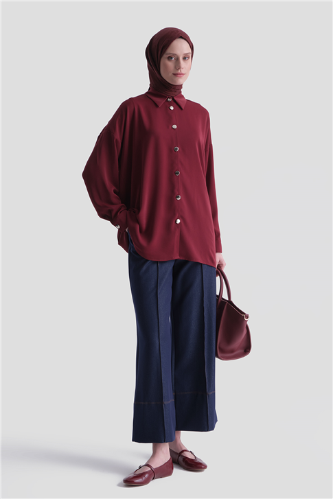 Metal Düğmeli Oversize Tunik Bordo
