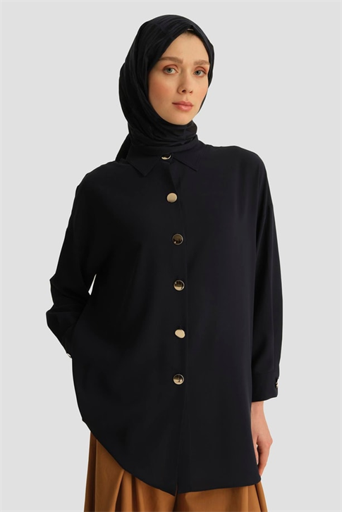 Metal Düğmeli Oversize Tunik Lacivert