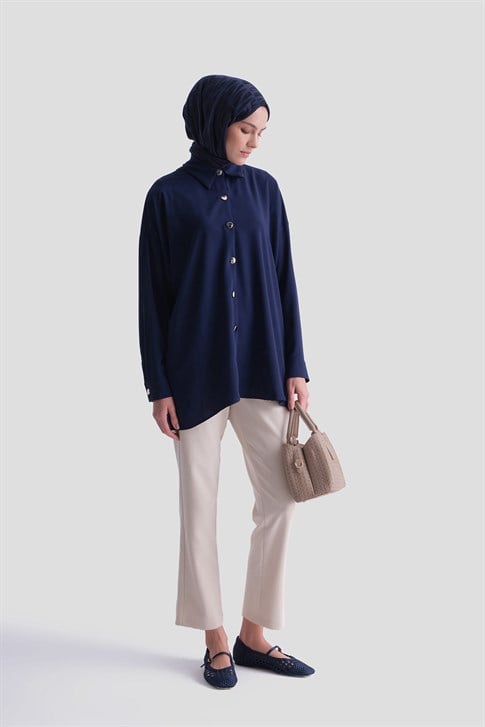 Metal Düğmeli Oversize Tunik Lacivert