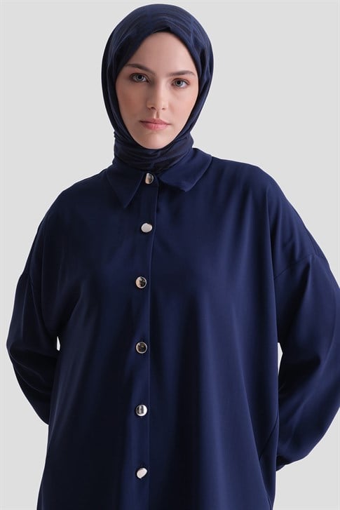 Metal Düğmeli Oversize Tunik Lacivert