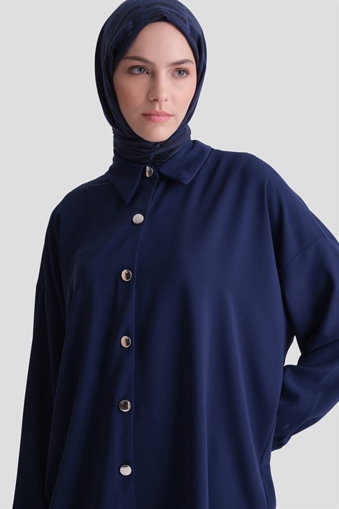 Metal Düğmeli Oversize Tunik Lacivert