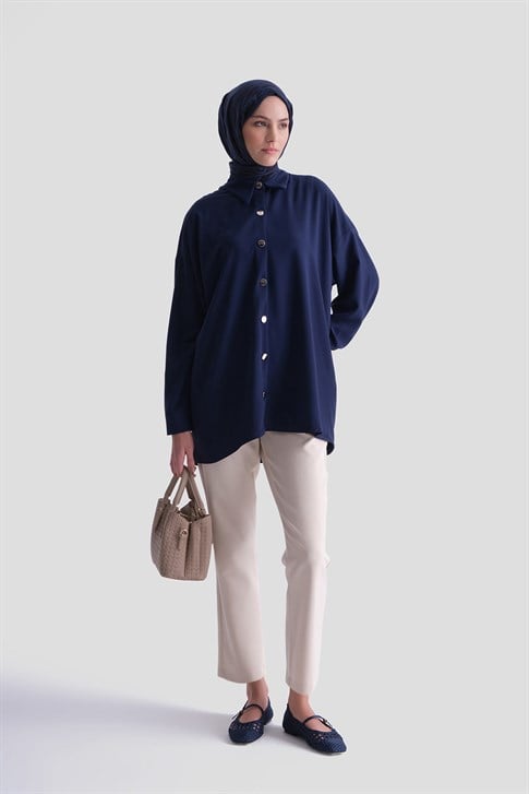 Metal Düğmeli Oversize Tunik Lacivert