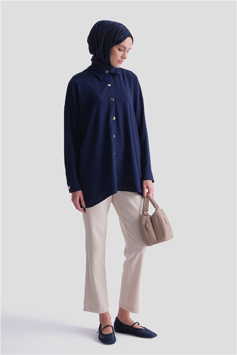Metal Düğmeli Oversize Tunik Lacivert