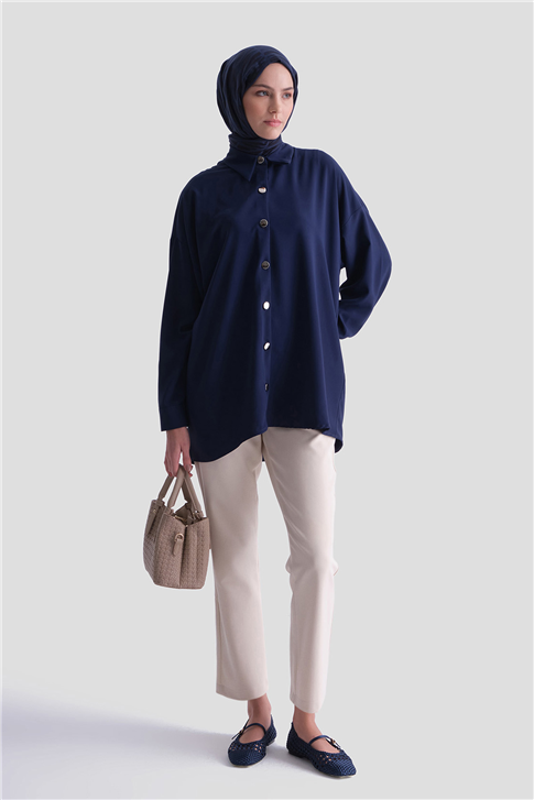 Metal Düğmeli Oversize Tunik Lacivert