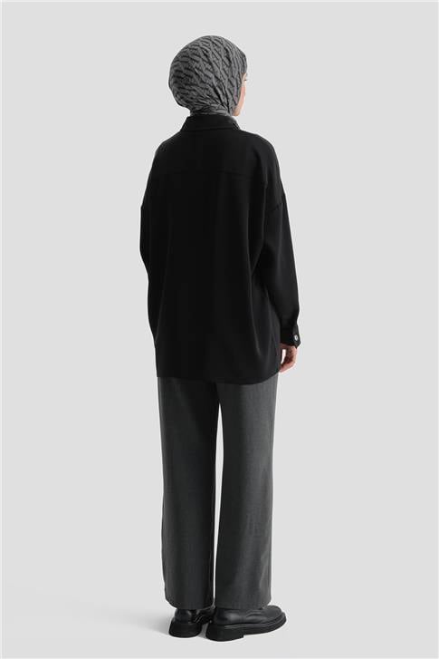 Metal Düğmeli Oversize Tunik Siyah