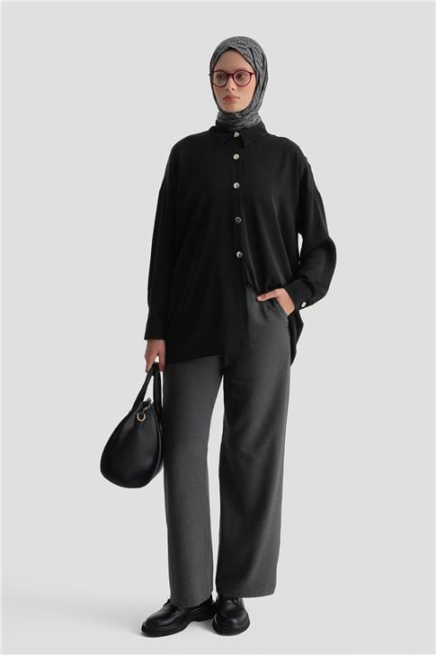 Metal Düğmeli Oversize Tunik Siyah