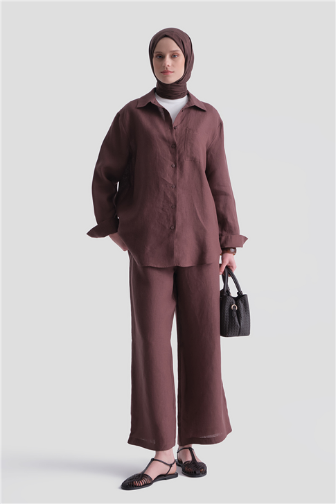 Keten Oversize Tunik Kahverengi