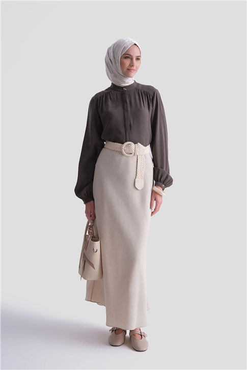 Omuz Detaylı Kupra Tunik Kahverengi