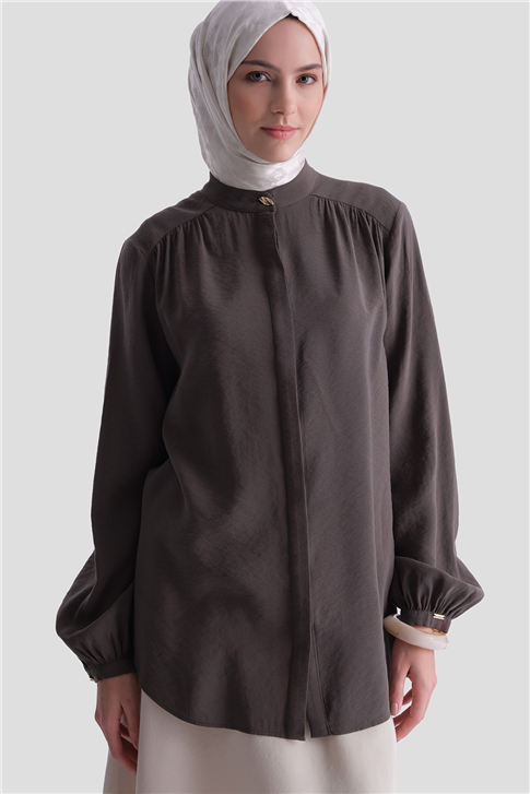 Omuz Detaylı Kupra Tunik Kahverengi