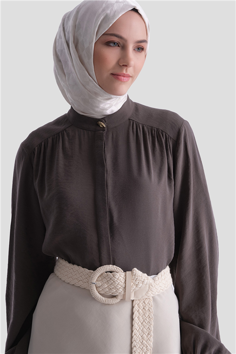 Omuz Detaylı Kupra Tunik Kahverengi