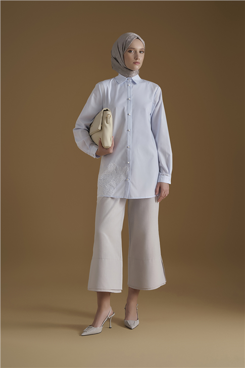 İşlemeli Poplin Tunik Mavi