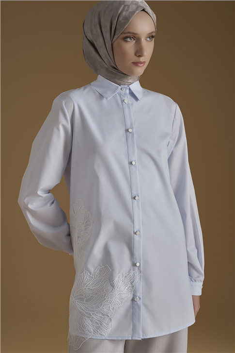 İşlemeli Poplin Tunik Mavi