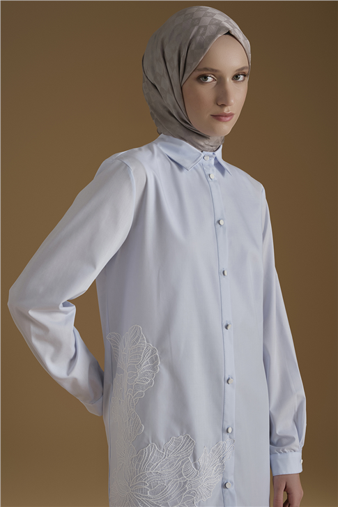 İşlemeli Poplin Tunik Mavi