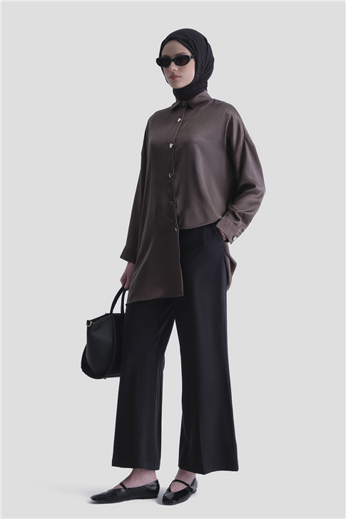 Kırışık Efektli Metal Düğmeli Tunik Vizon