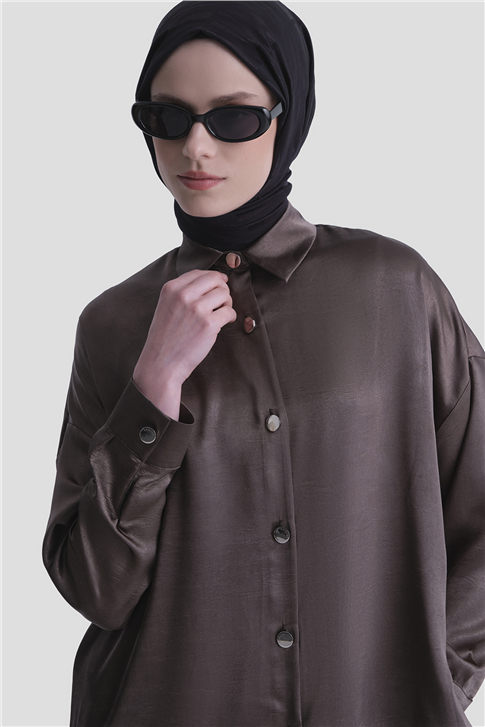 Kırışık Efektli Metal Düğmeli Tunik Vizon