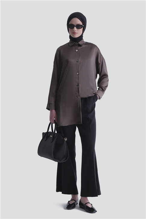 Kırışık Efektli Metal Düğmeli Tunik Vizon