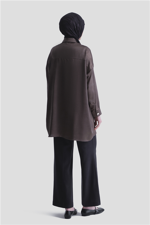 Kırışık Efektli Metal Düğmeli Tunik Vizon