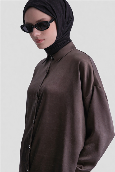 Kırışık Efektli Metal Düğmeli Tunik Vizon