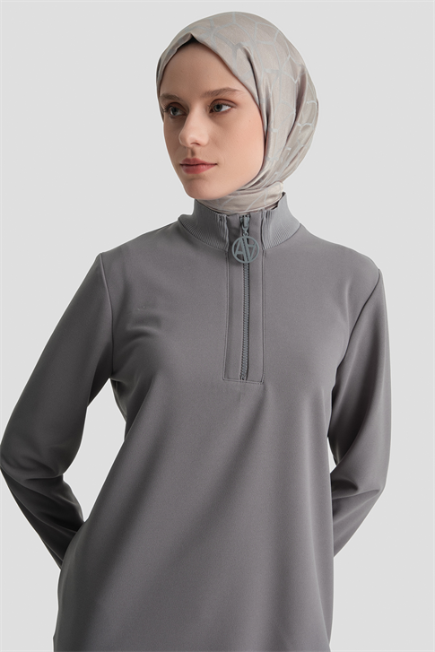 Fermuar Detaylı Basic Tunik Gri
