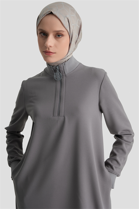 Fermuar Detaylı Basic Tunik Gri