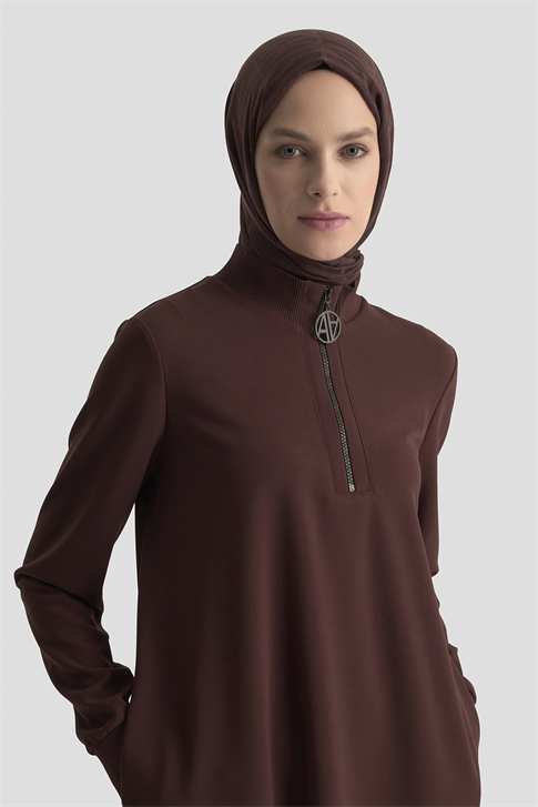 Fermuar Detaylı Basic Tunik Kahverengi
