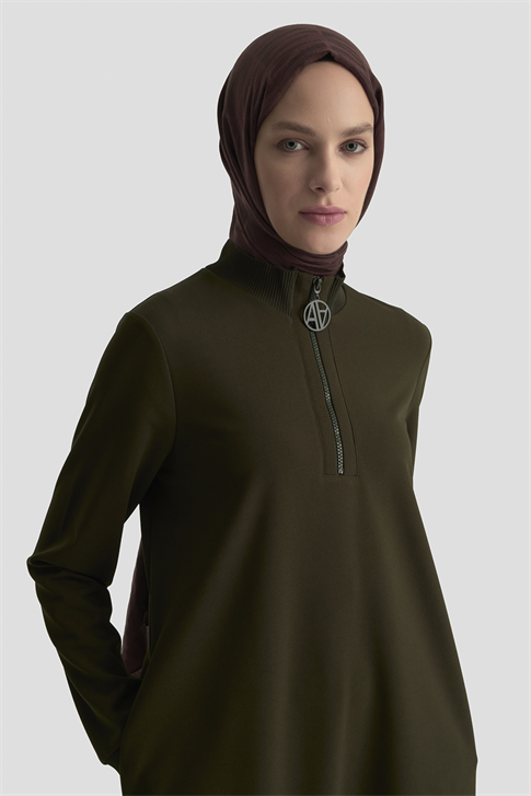 Fermuar Detaylı Basic Tunik Küf Yeşili